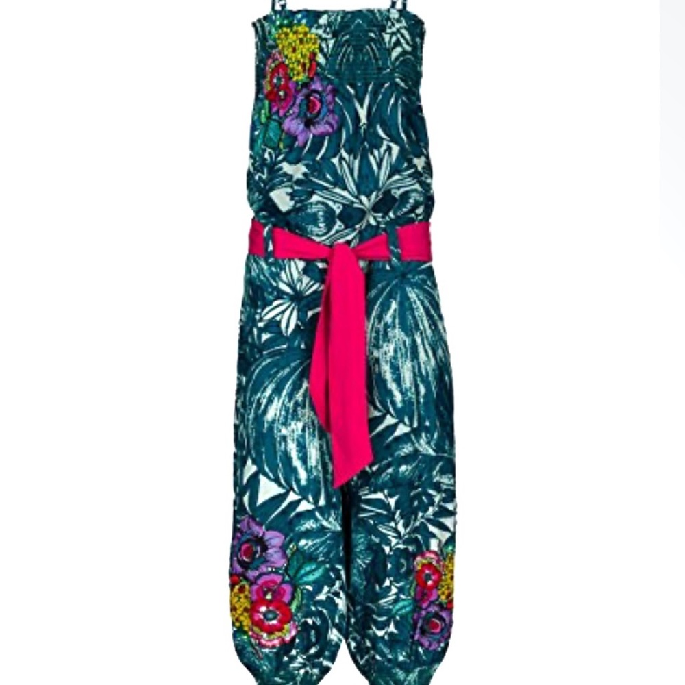 Desigual Designer Floral Tropical Print Neon Jumpsuit with Self Tie Belt